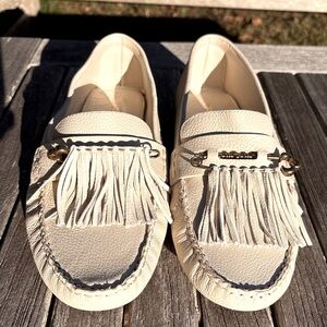 Larroude Joy Moccasin Loafers | Ivory Cream w Fringe Trim | 11